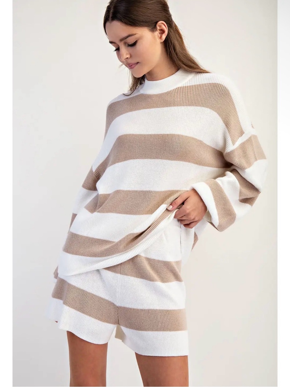 Cotierra Striped Beige & White Women's Sweater - Relaxed Fit set
